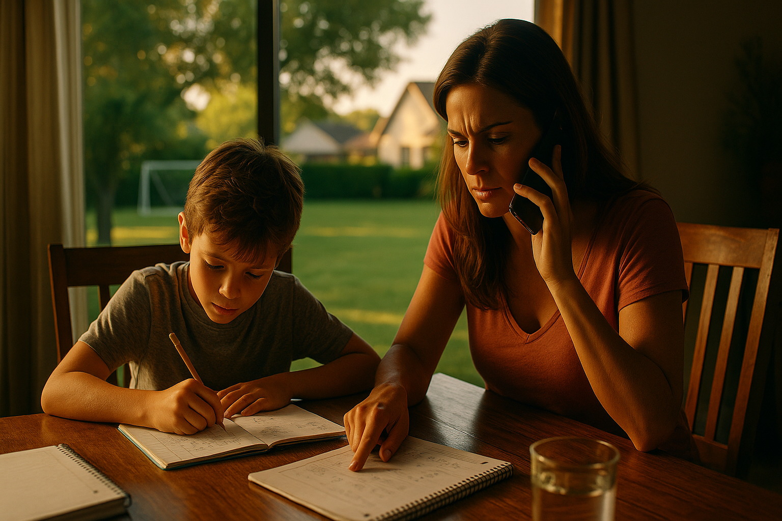 Mother on phone assisting son with homework at kitchen table, reflecting urgent family dynamics related to Texas custody issues.