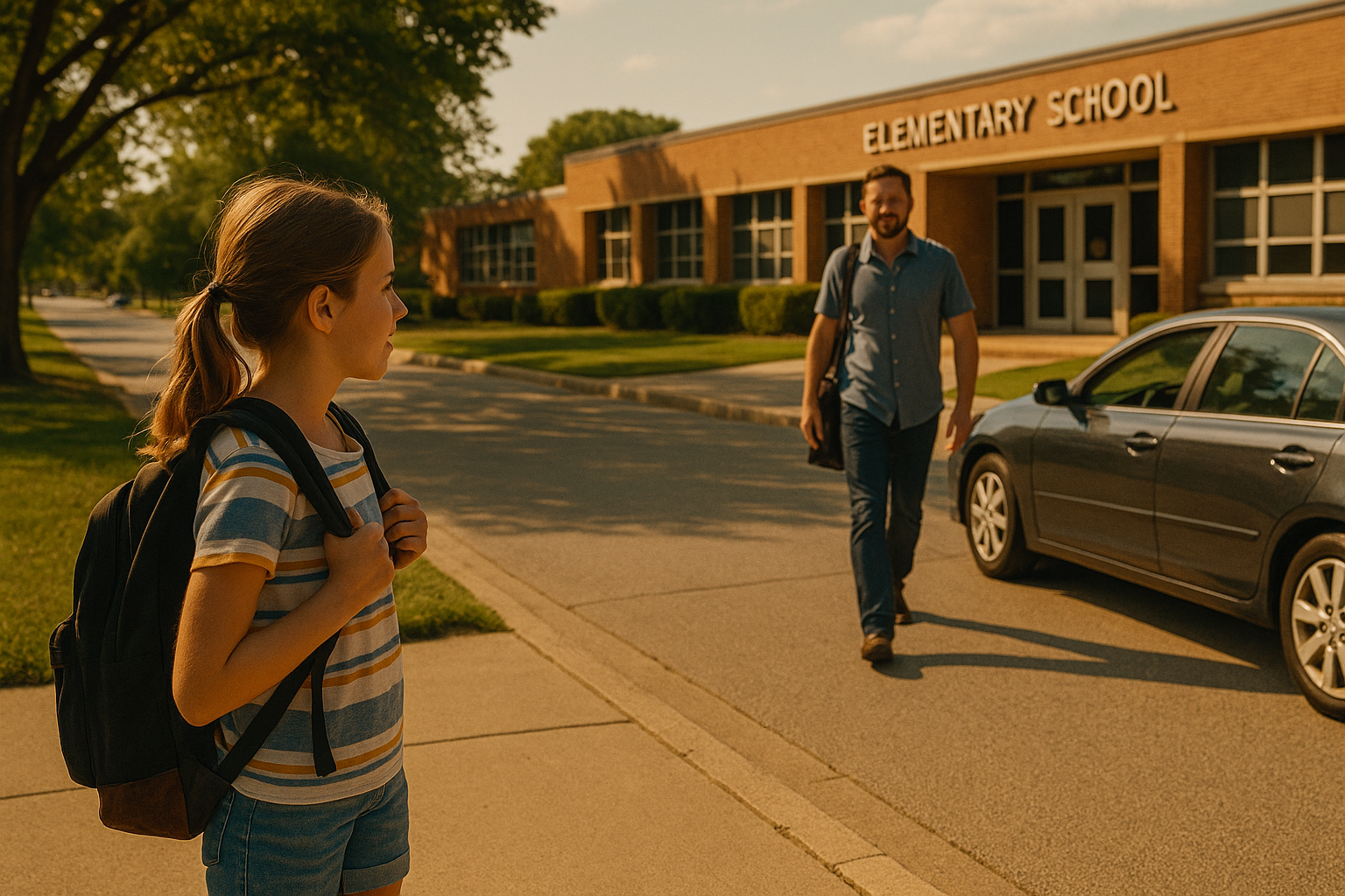 Child standing with a backpack in front of an elementary school, looking towards a man approaching with a bag, illustrating parental involvement in education.