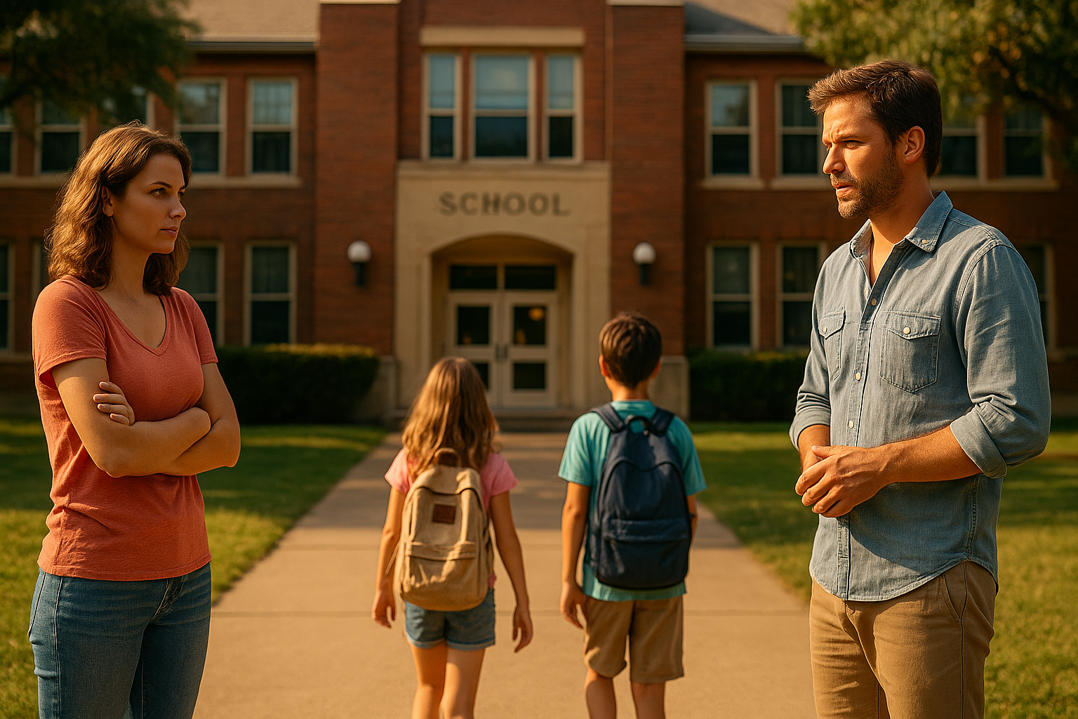 Parents discussing educational choices outside a school, with children walking away, illustrating the topic of school selection in Texas custody matters.
