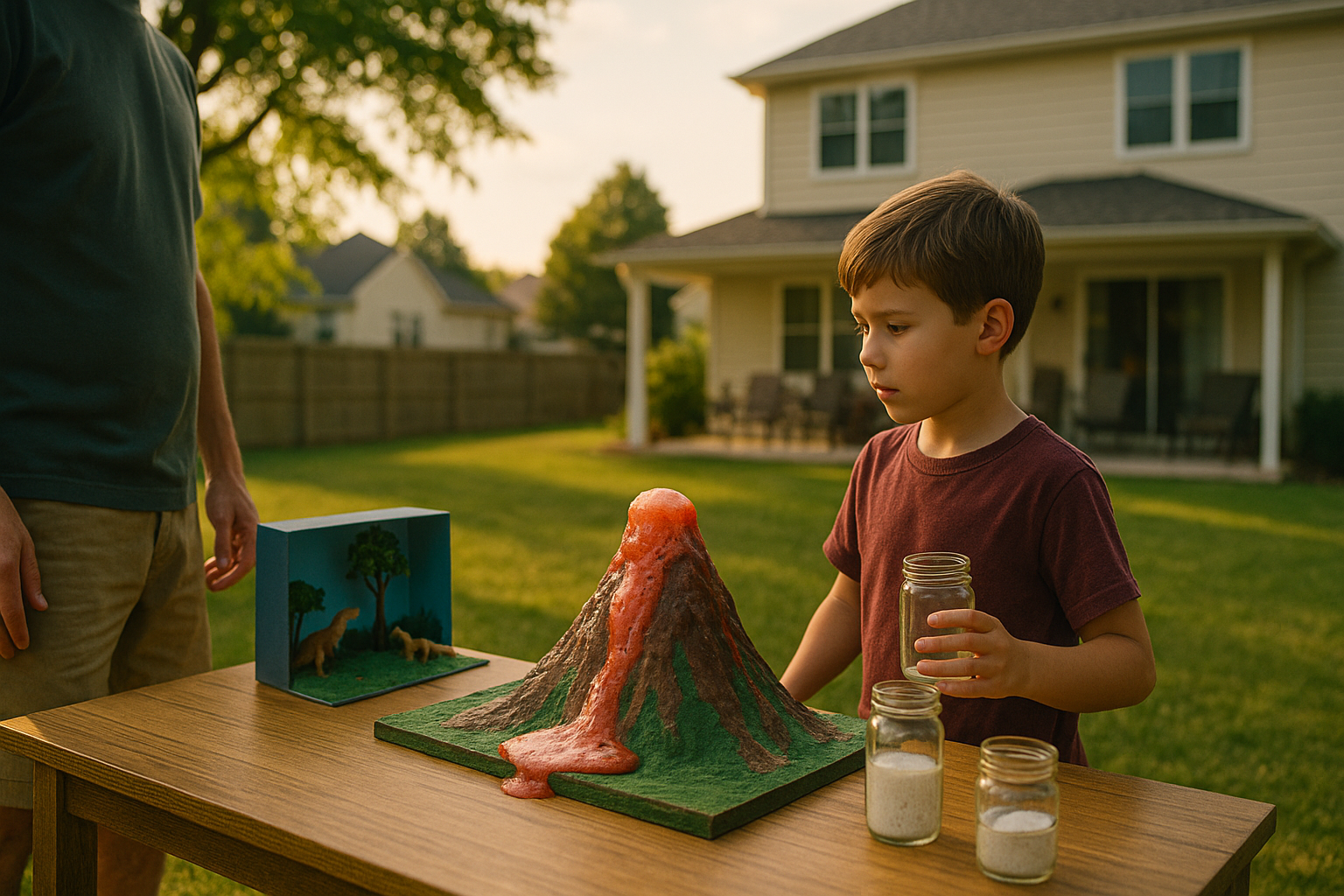 Child observing a model volcano erupting with red lava, surrounded by jars of materials, in a backyard setting.