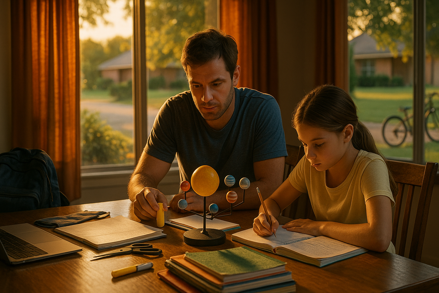 Father and daughter studying together at home, using a solar system model and notebooks, emphasizing parental involvement in education and family dynamics.