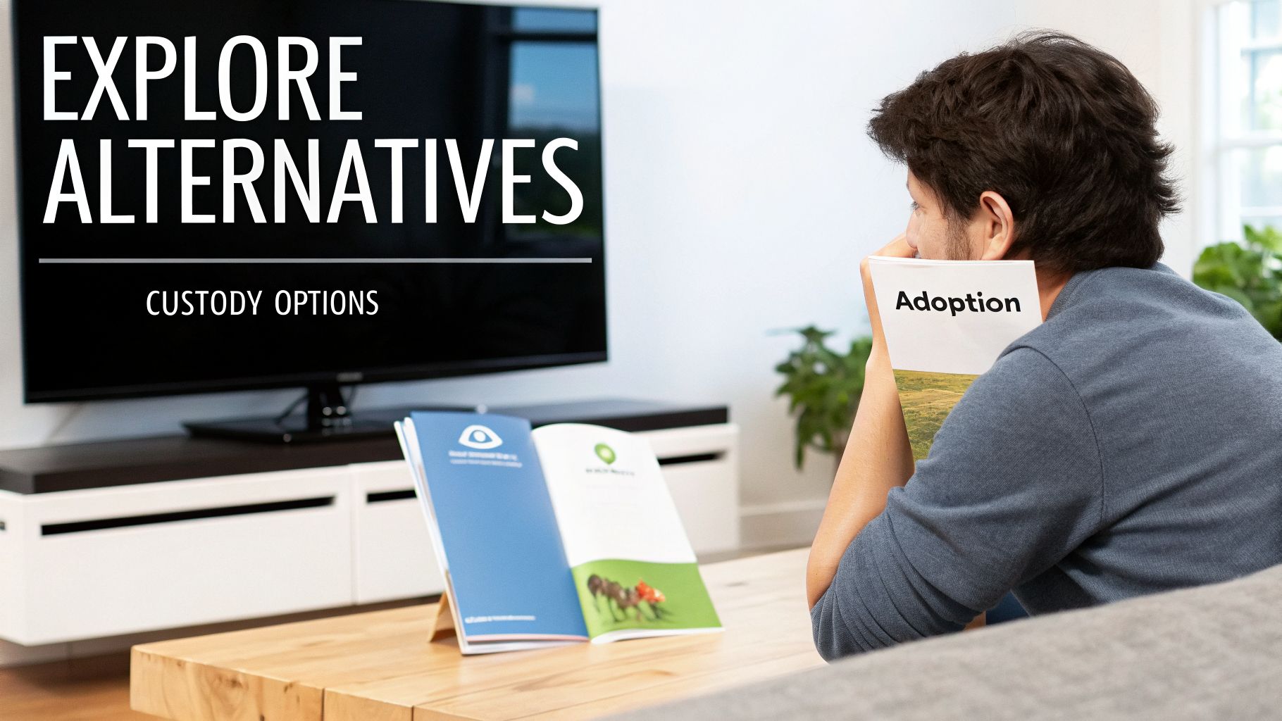 A man holds a book titled "Adoption" as a TV screen shows "Explore Alternatives Custody Options."