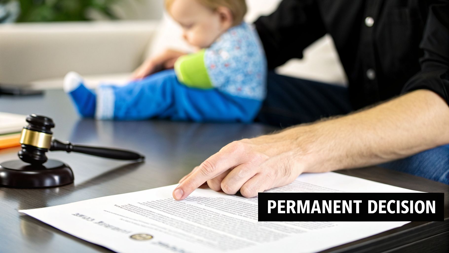 A man's hand points to a legal document on a table with a gavel, a blurred baby in the background.
