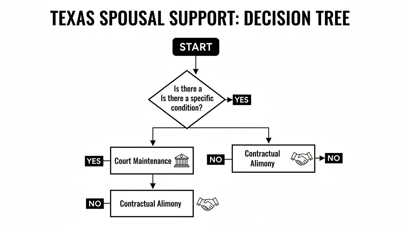 A flowchart detailing the Texas spousal support decision tree, including court maintenance and contractual alimony.