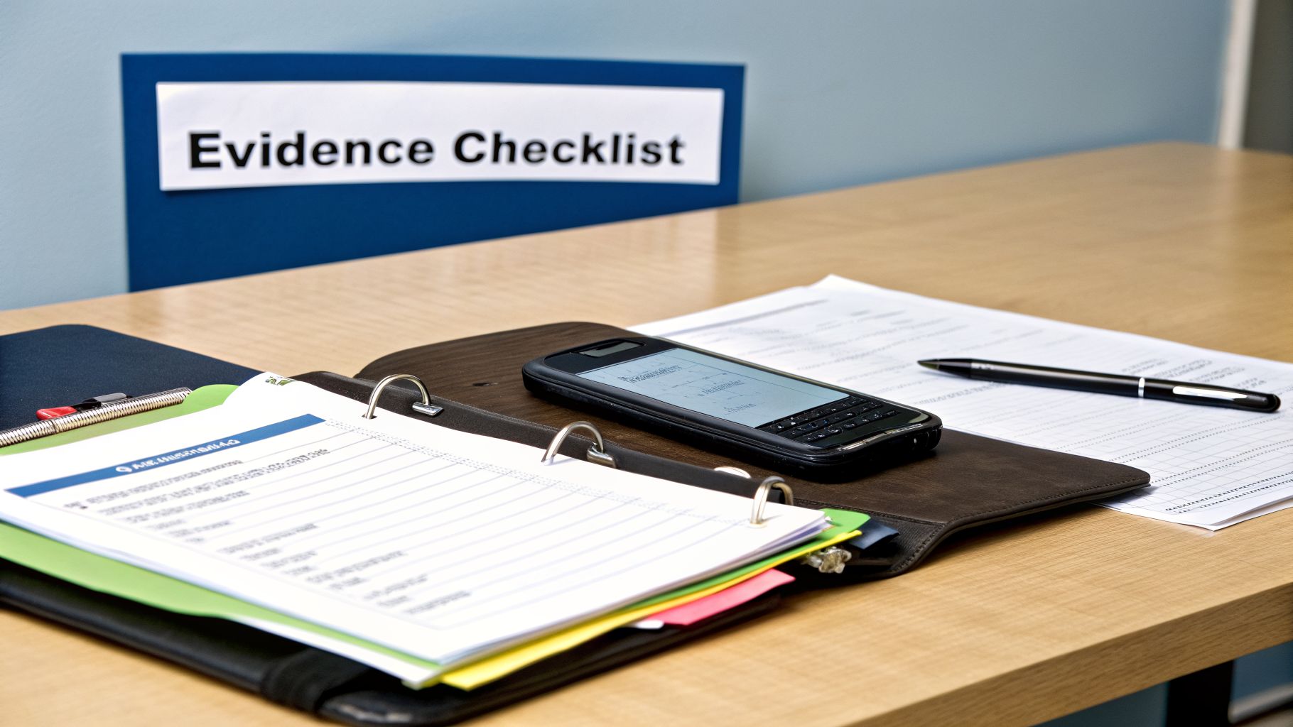 A legal desk with an 'Evidence Checklist' sign, open binder, smartphone, and pen.
