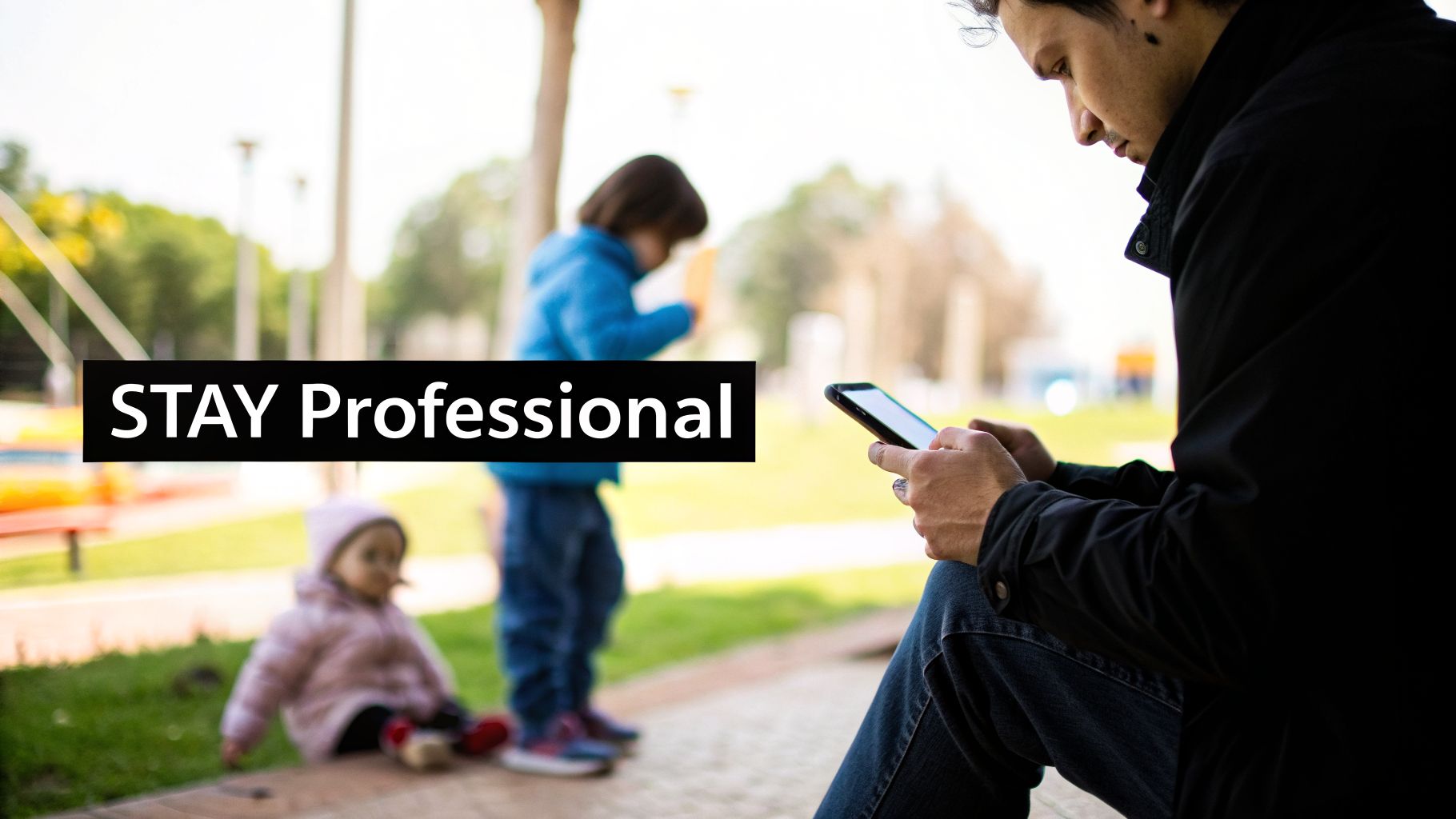 Man on phone in a park with playing children, promoting 'STAY Professional' message.