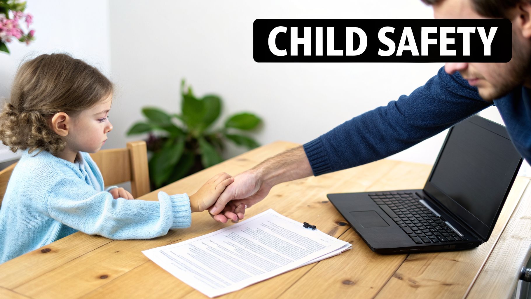 An adult and child shaking hands across a table with legal papers and a laptop, emphasizing child safety.