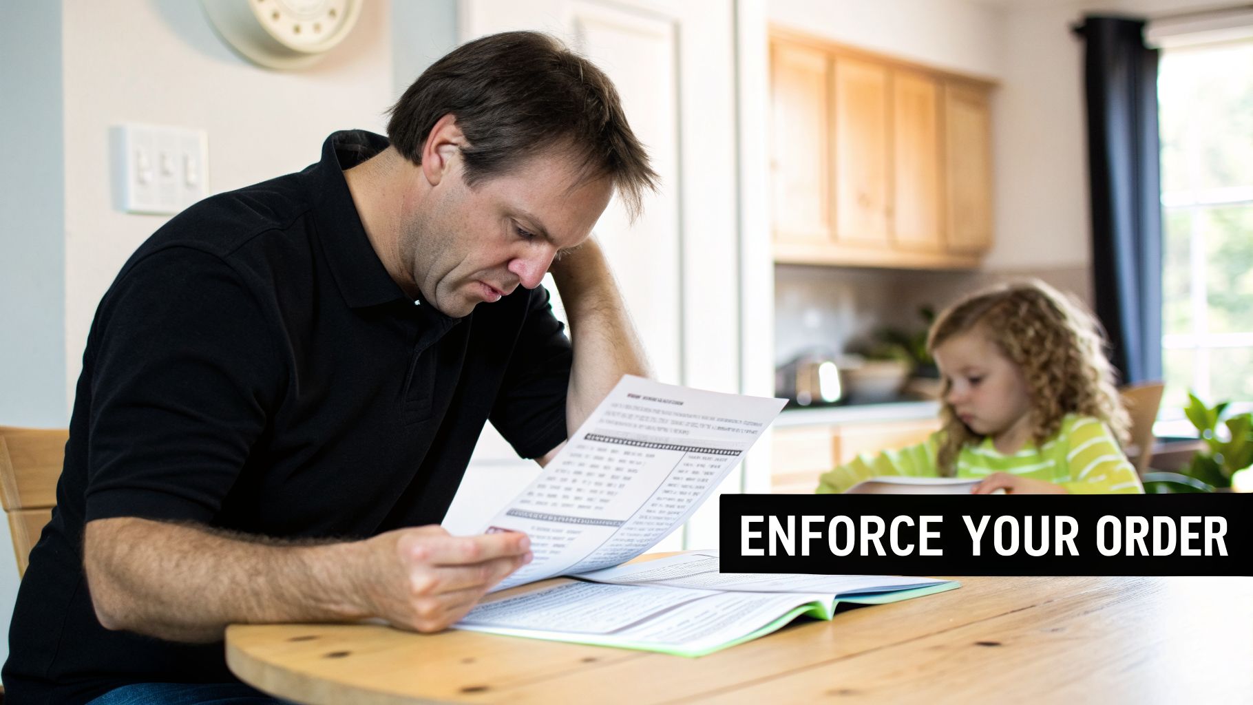 A concerned father reads legal documents with 'ENFORCE YOUR ORDER' text, a child plays in the background.