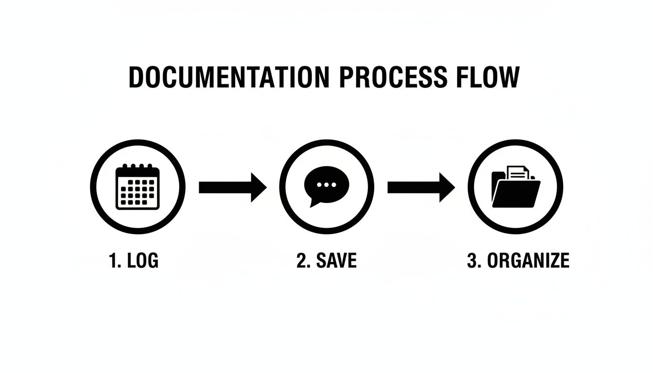 A documentation process flow chart with three steps: Log (calendar), Save (chat bubble), and Organize (folder).
