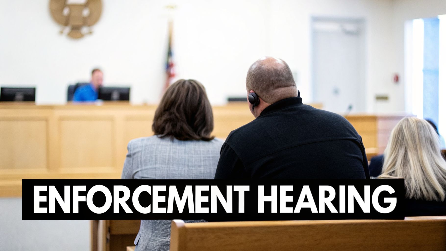 Two people facing a judge in a courtroom, with text 'ENFORCEMENT HEARING' overlay.