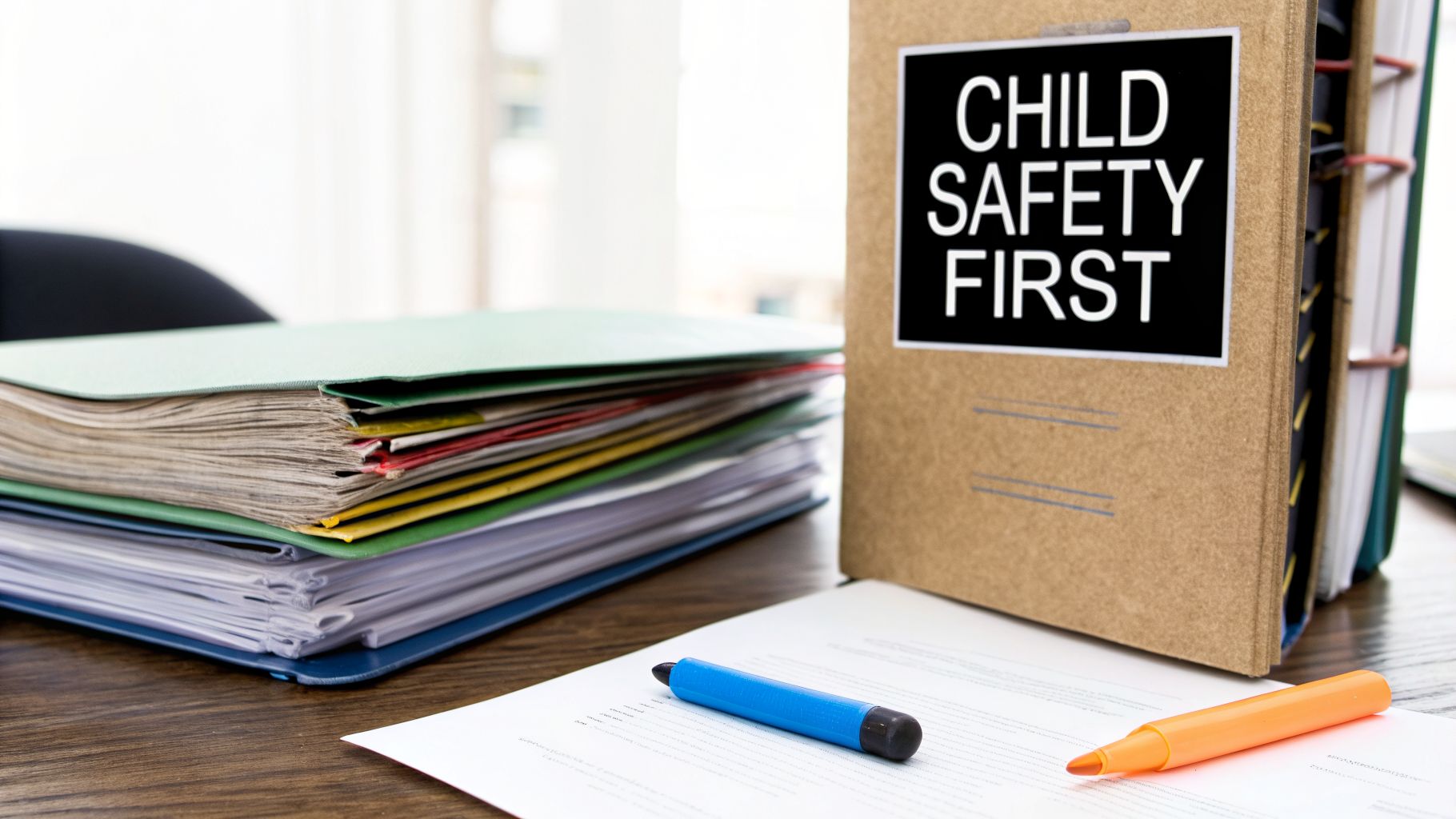 A brown binder labeled 'CHILD SAFETY FIRST' stands on a desk next to stacks of files, papers, and two markers.