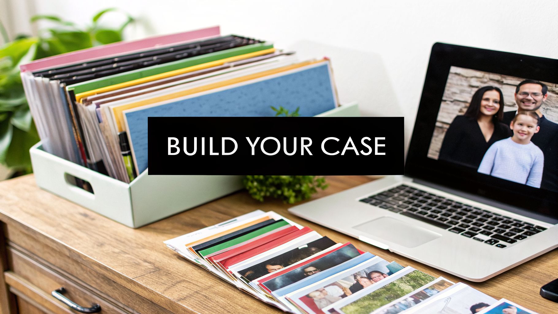 A desk with a file organizer, a laptop showing a family photo, and scattered physical photos, with text overlay: BUILD YOUR CASE.