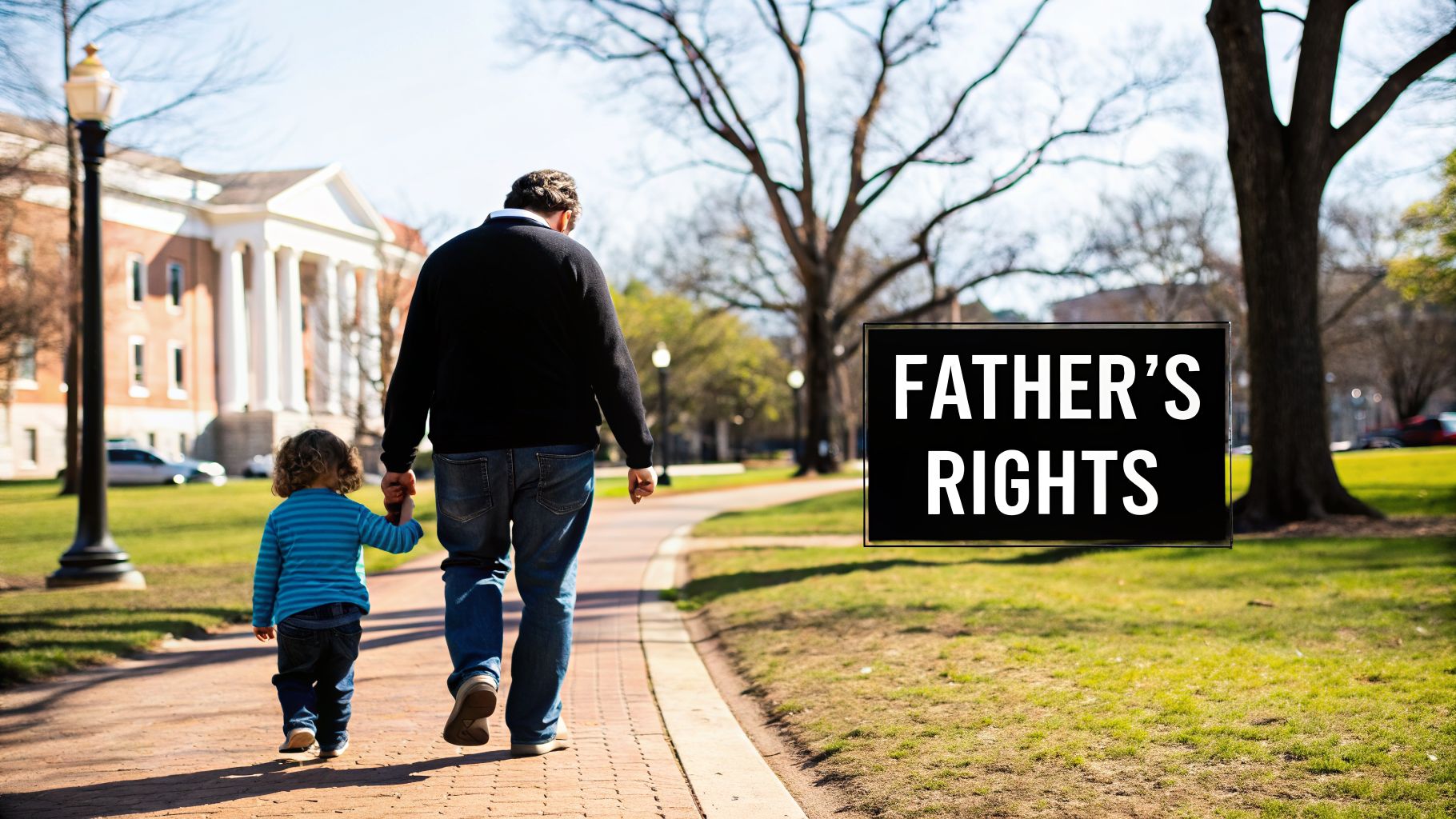 A father and young child walk hand-in-hand on a path, with a prominent 'FATHER'S RIGHTS' sign.