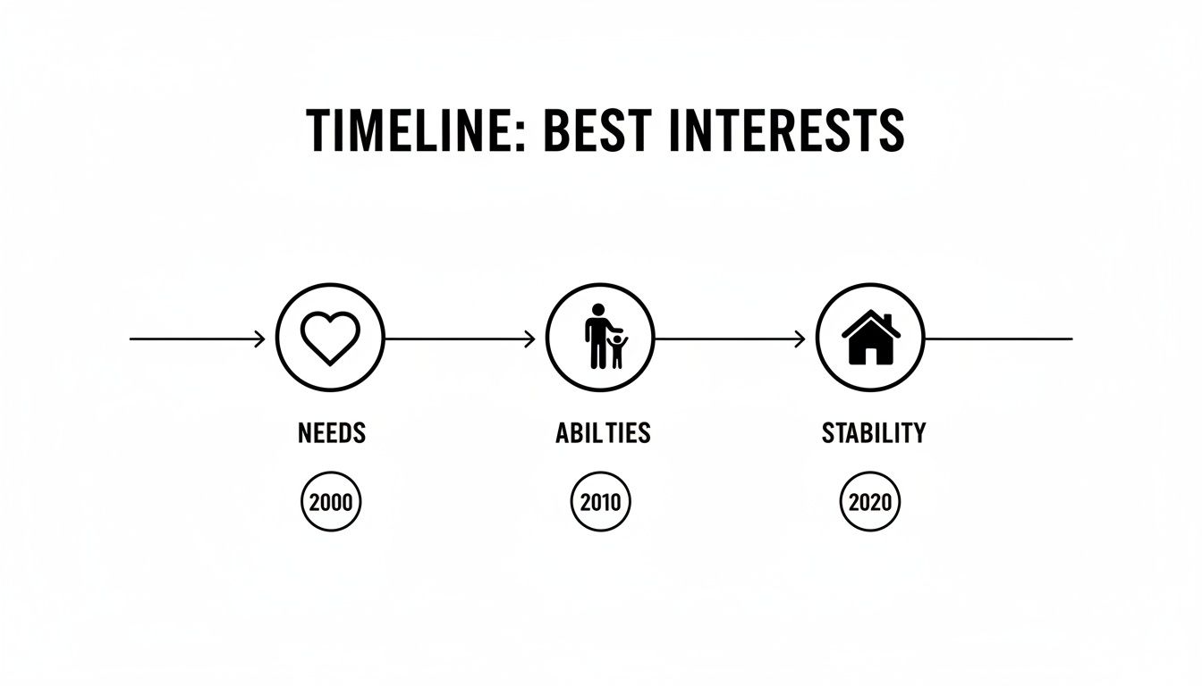 A timeline titled 'Best Interests' showing Needs (heart, 2000), Abilities (parent-child, 2010), and Stability (house, 2020).