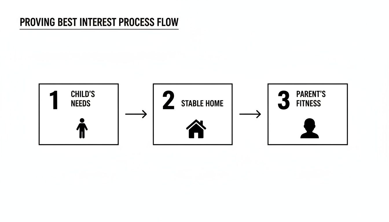 Process flow for proving a child's best interest, including child's needs, stable home, and parent's fitness.