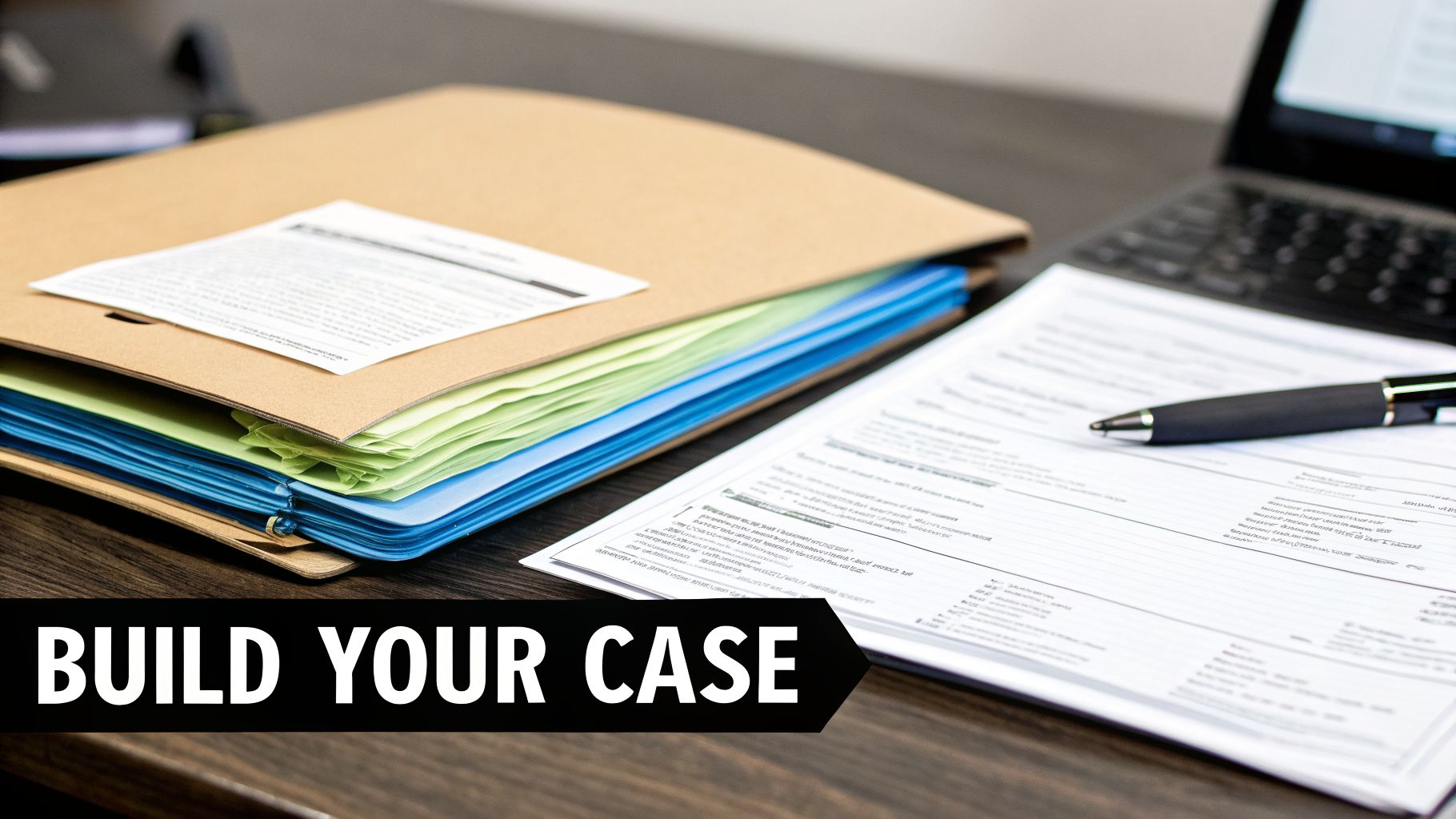 A brown file folder with blue and green documents, a pen, and a laptop on a desk, with 'BUILD YOUR CASE' text.