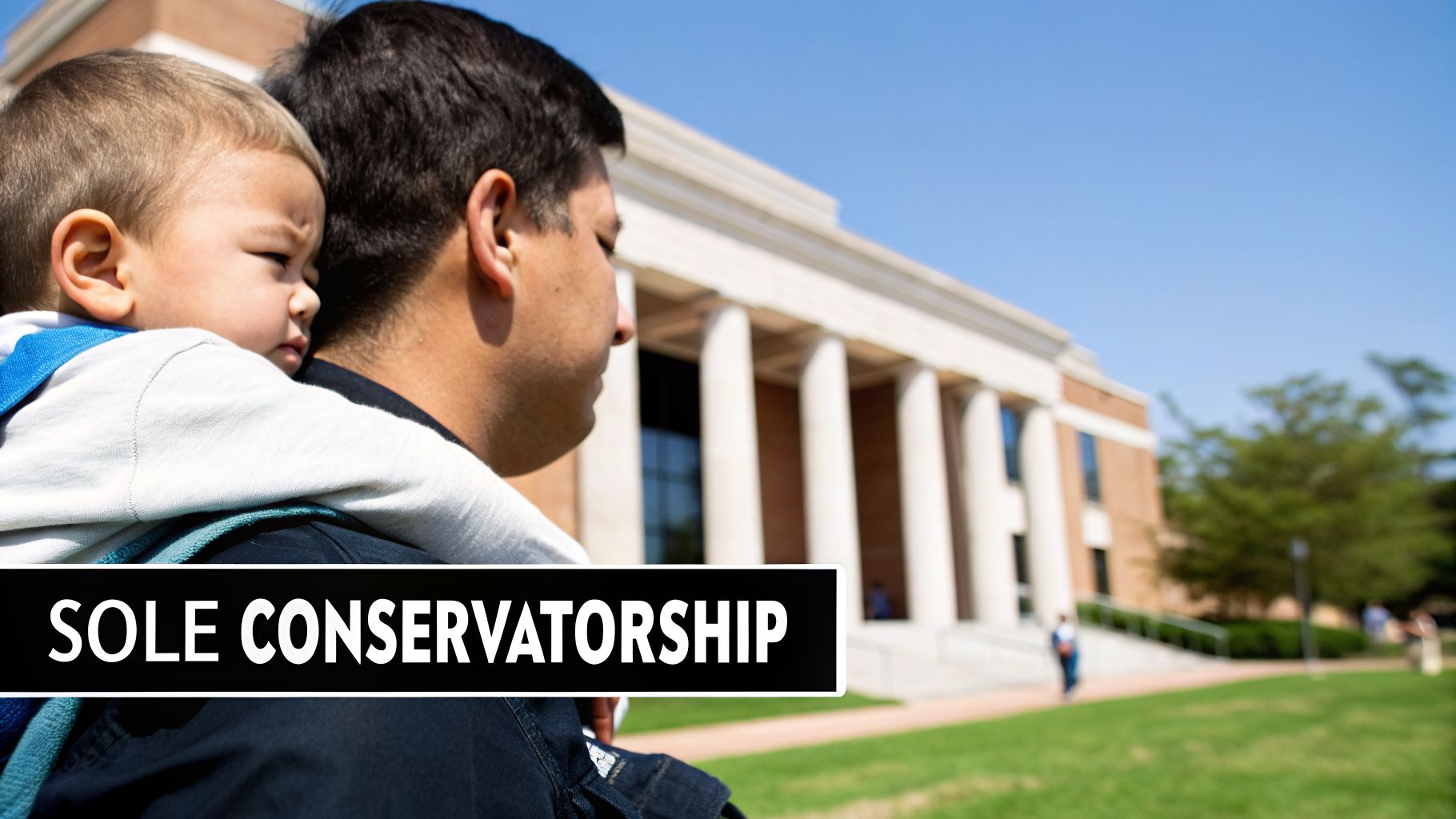 A man carries a young child on his back in front of a building with columns, under a clear sky.