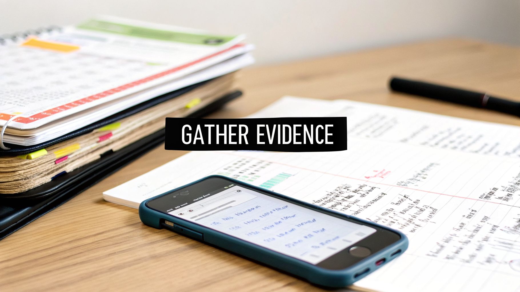 A desk with notes, a smartphone, and stacked binders, illustrating the process of gathering evidence.