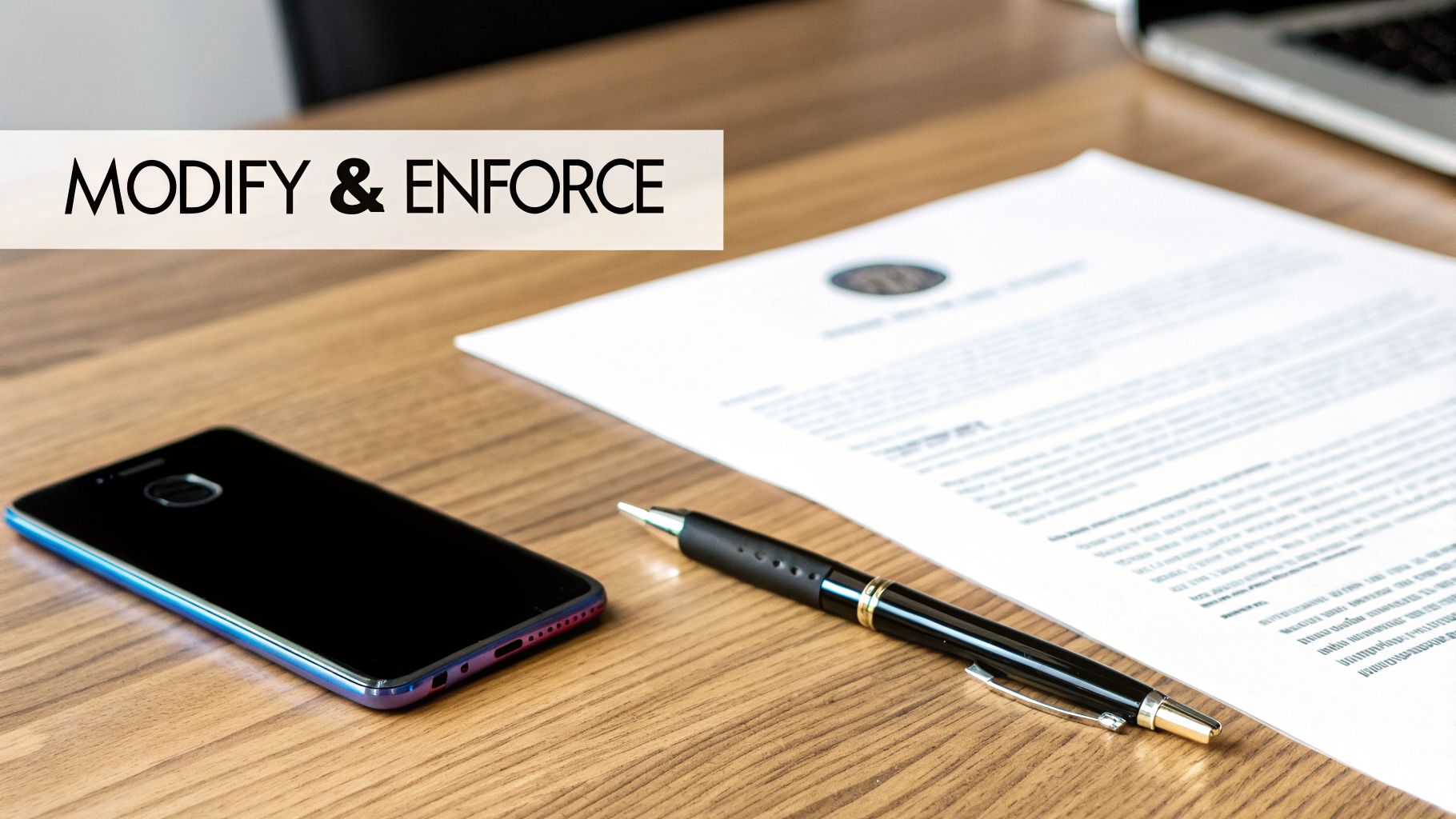 A wooden desk with a smartphone, a pen, a document, and a banner displaying 'MODIFY & ENFORCE'.