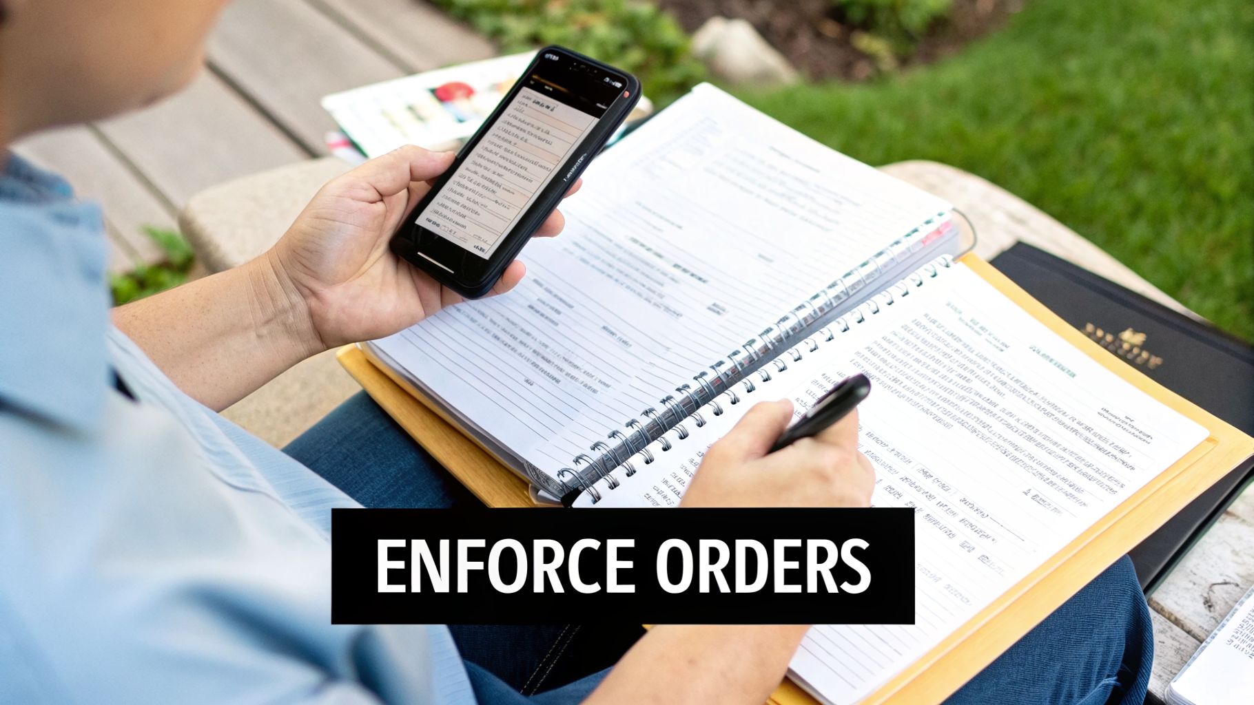 A person holds a smartphone in one hand and writes notes in a spiral-bound notebook with the other, outdoors.