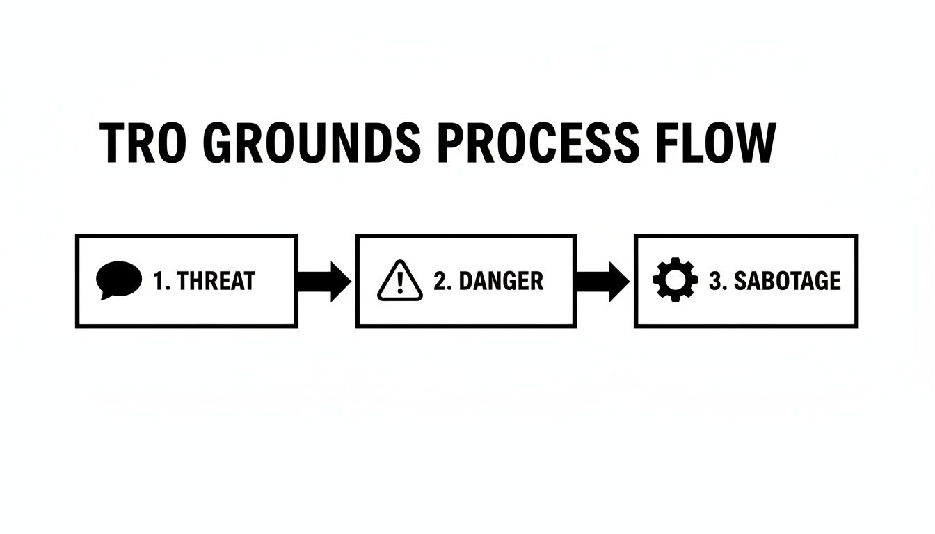 A process flow diagram illustrating steps: 1. Threat, 2. Danger, and 3. Sabotage, with relevant icons.
