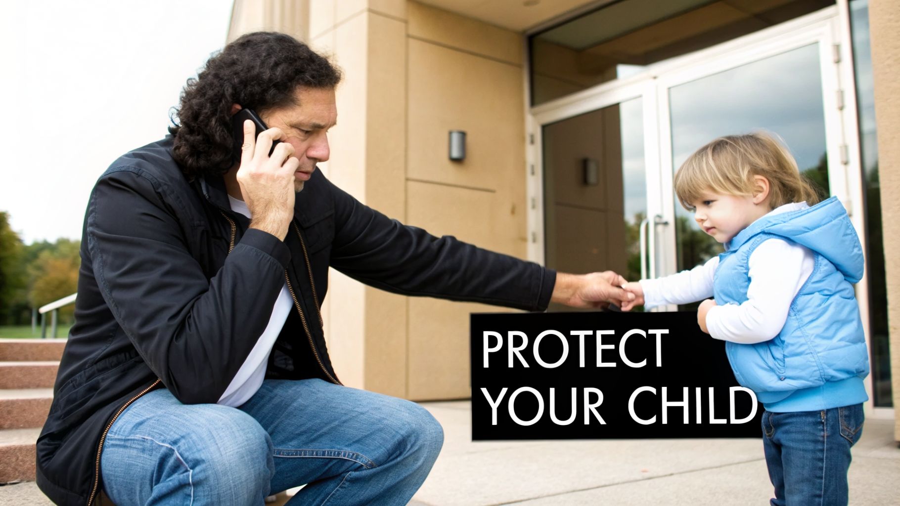 A father on the phone crouches, holding his child's hand with text 'PROTECT YOUR CHILD'.