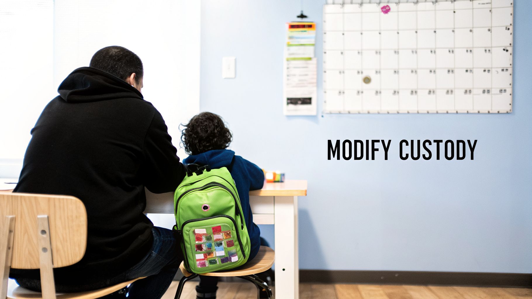 An adult and a child with a green backpack sit at a desk, with “MODIFY CUSTODY” text on a blue wall.