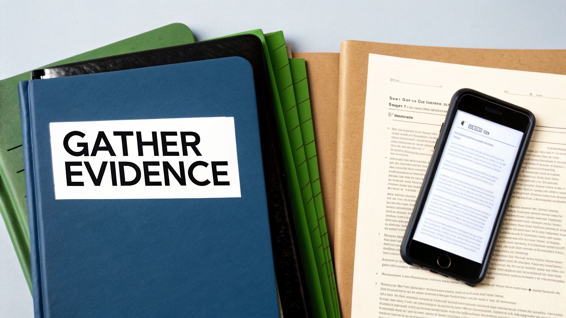 A blue folder labeled 'GATHER EVIDENCE' sits with other folders and a smartphone on a desk.