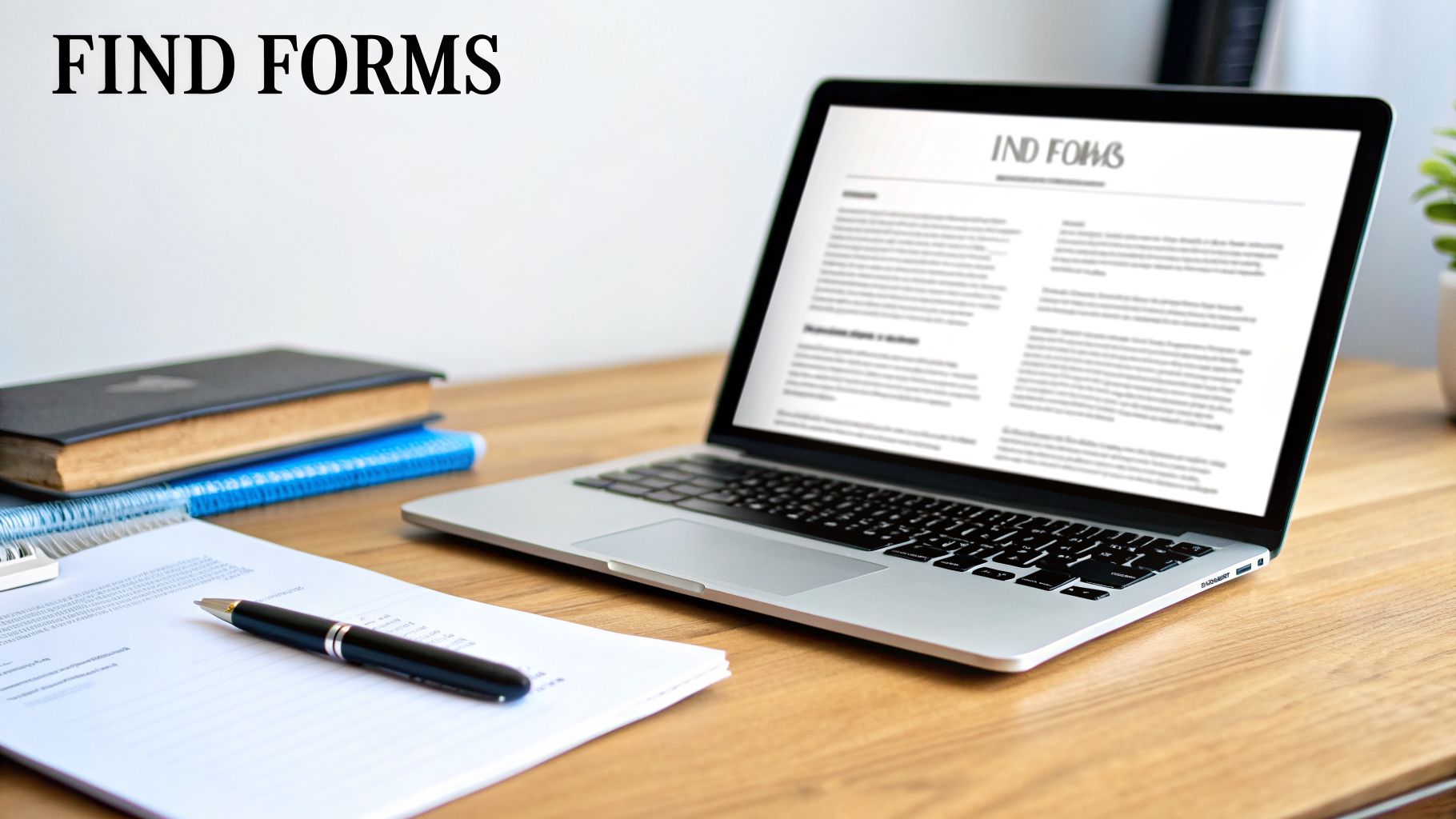 A bright office desk with a laptop displaying forms, documents, a pen, and books.
