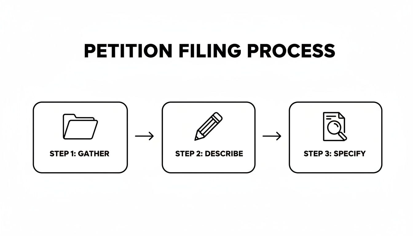 A three-step process infographic for petition filing, showing gather, describe, and specify steps.