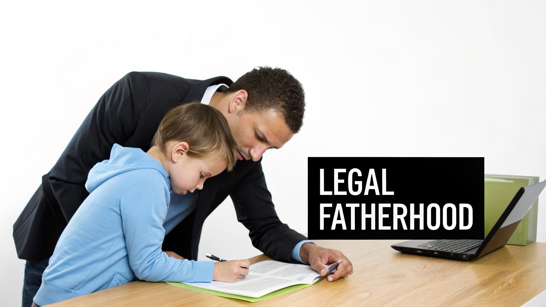 A man and a boy sign legal documents, representing legal fatherhood at a wooden desk.