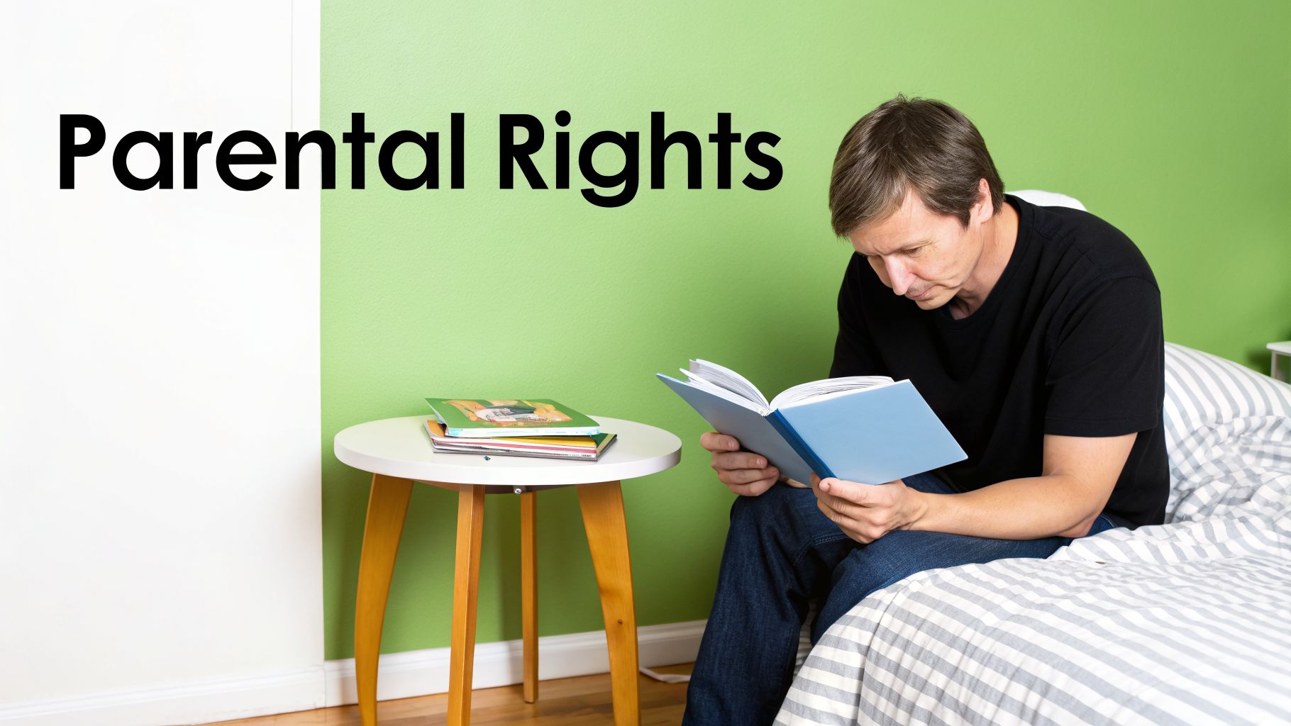 A man sits on a bed reading a book, with "Parental Rights" text on the wall.