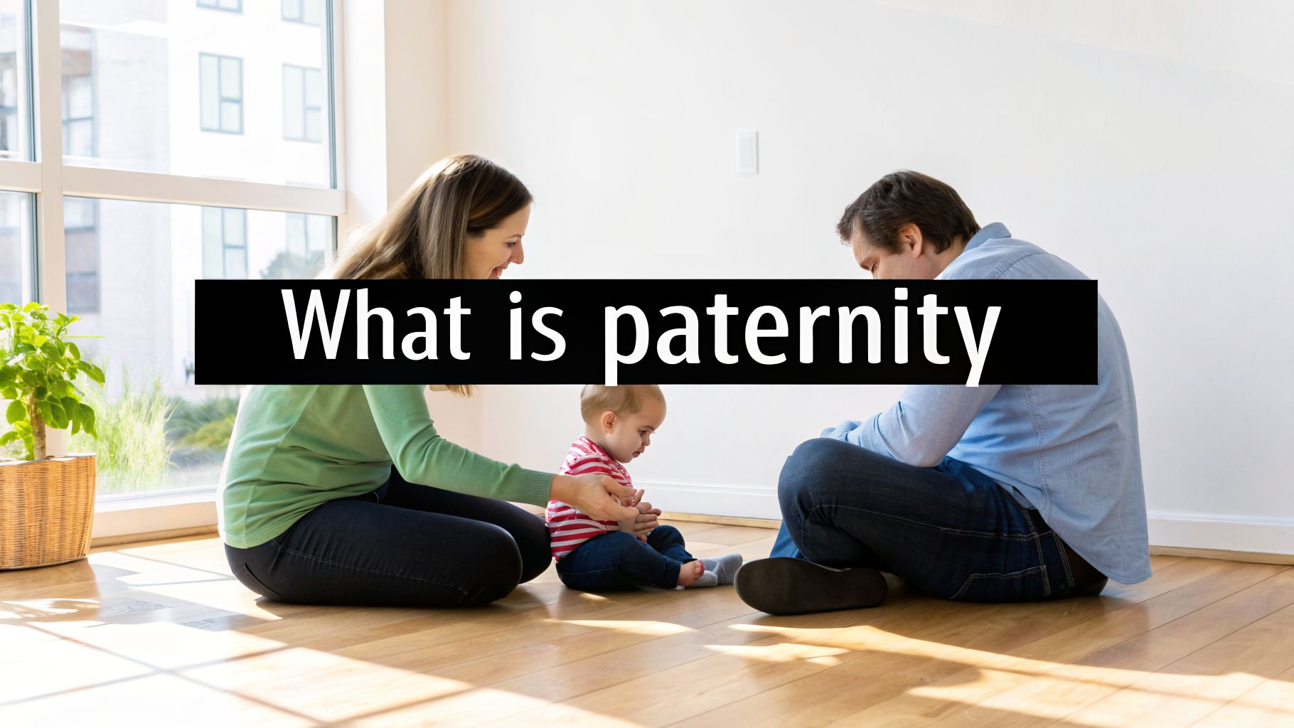 A happy family, mother, father, and baby, sit on a wooden floor in a brightly lit room.