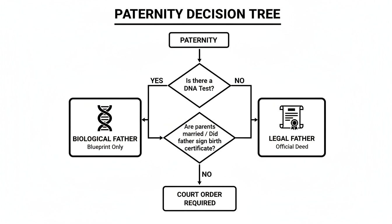 A flowchart detailing the paternity decision process based on DNA tests, marital status, and legal documents.