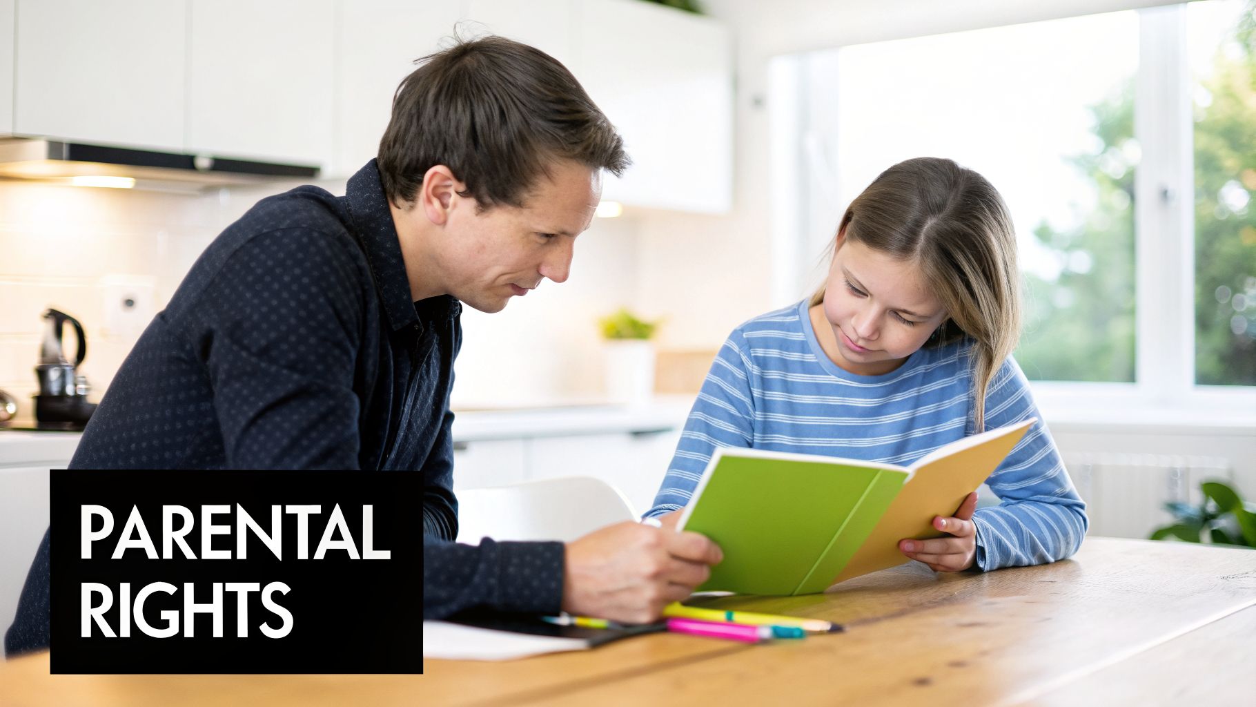 A father and daughter sit together, reading a book at a wooden table, symbolizing parental rights.