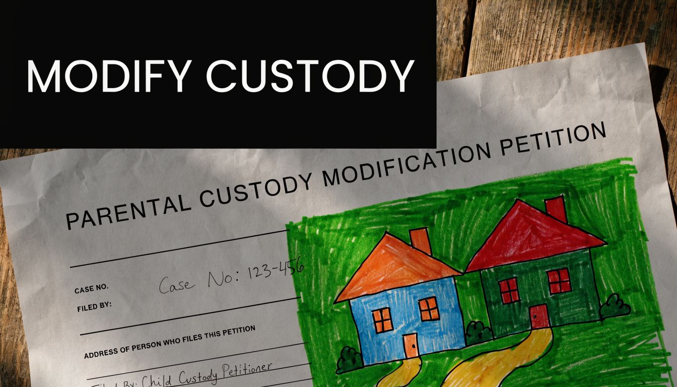 A document titled Parental Custody Modification Petition with a child's drawing of two houses on it.