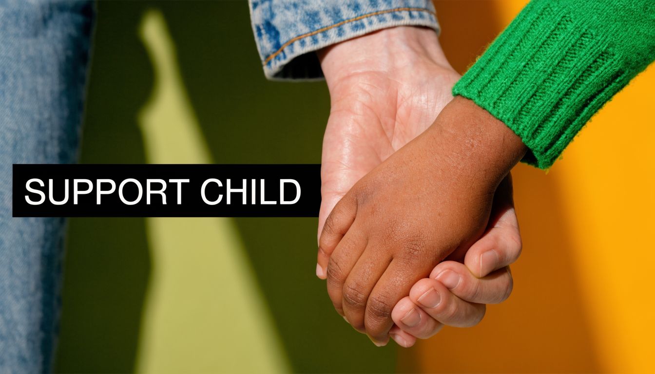 A close-up view of an adult holding a child's hand against a colorful background.