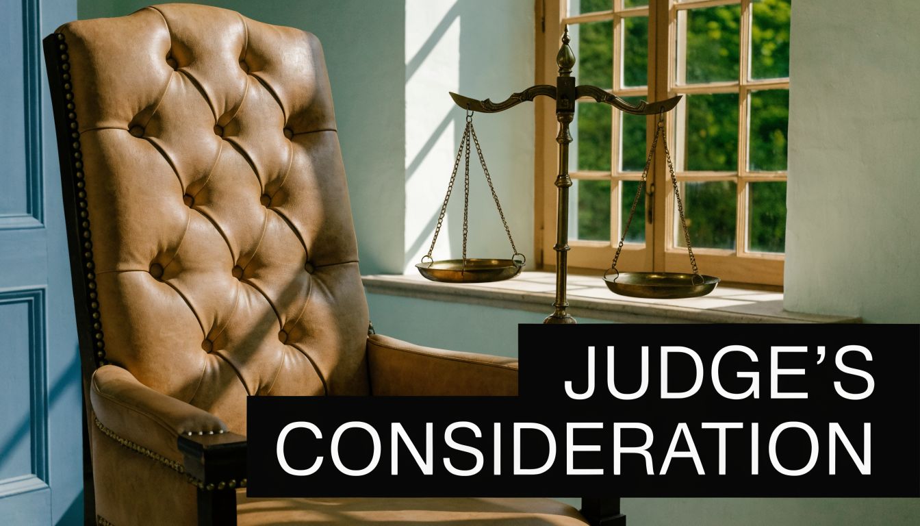 A leather armchair sits before a set of golden scales of justice near a bright window.