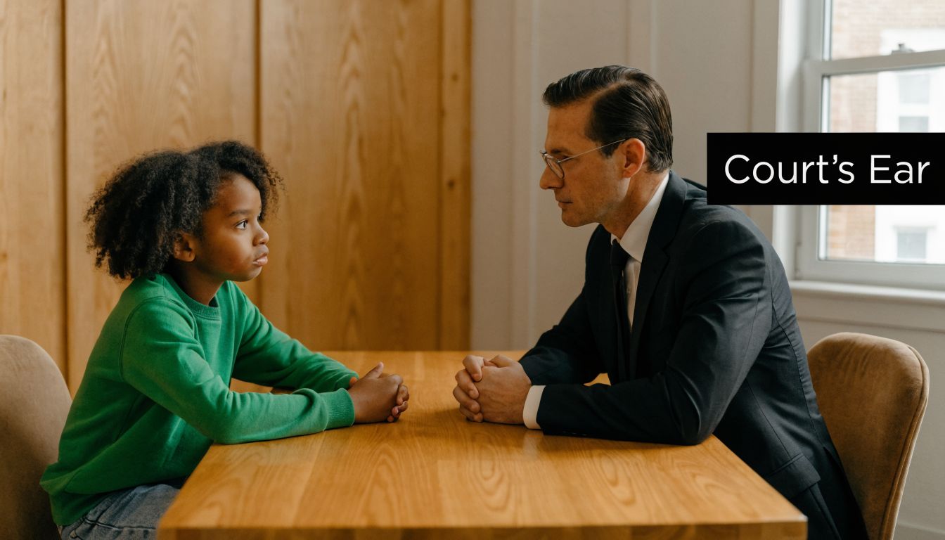 A young child sitting at a wooden table across from a lawyer in a suit.