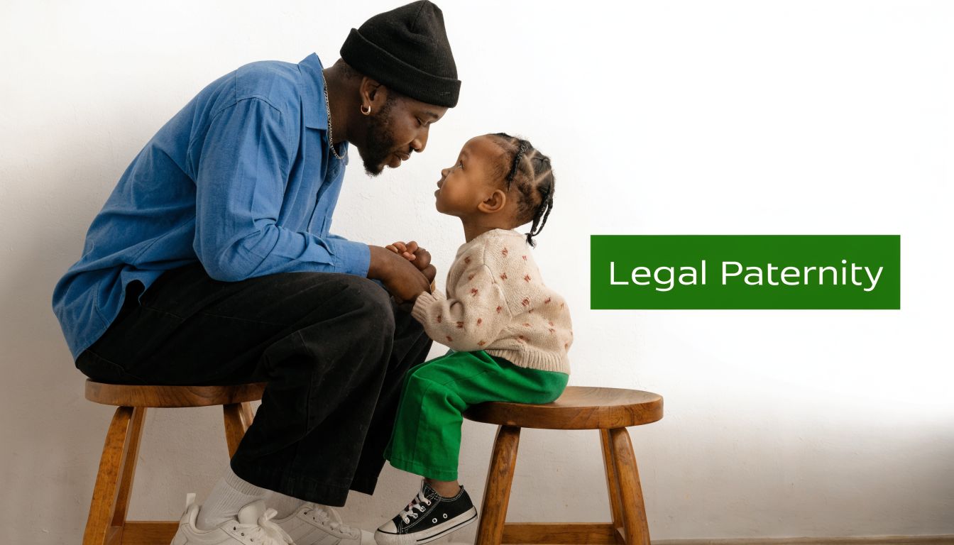 A father and toddler sitting on wooden stools facing each other, emphasizing the concept of legal paternity.