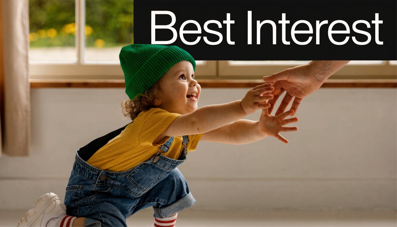 A happy toddler in a green beanie reaches out to hold an adult hand for comfort.