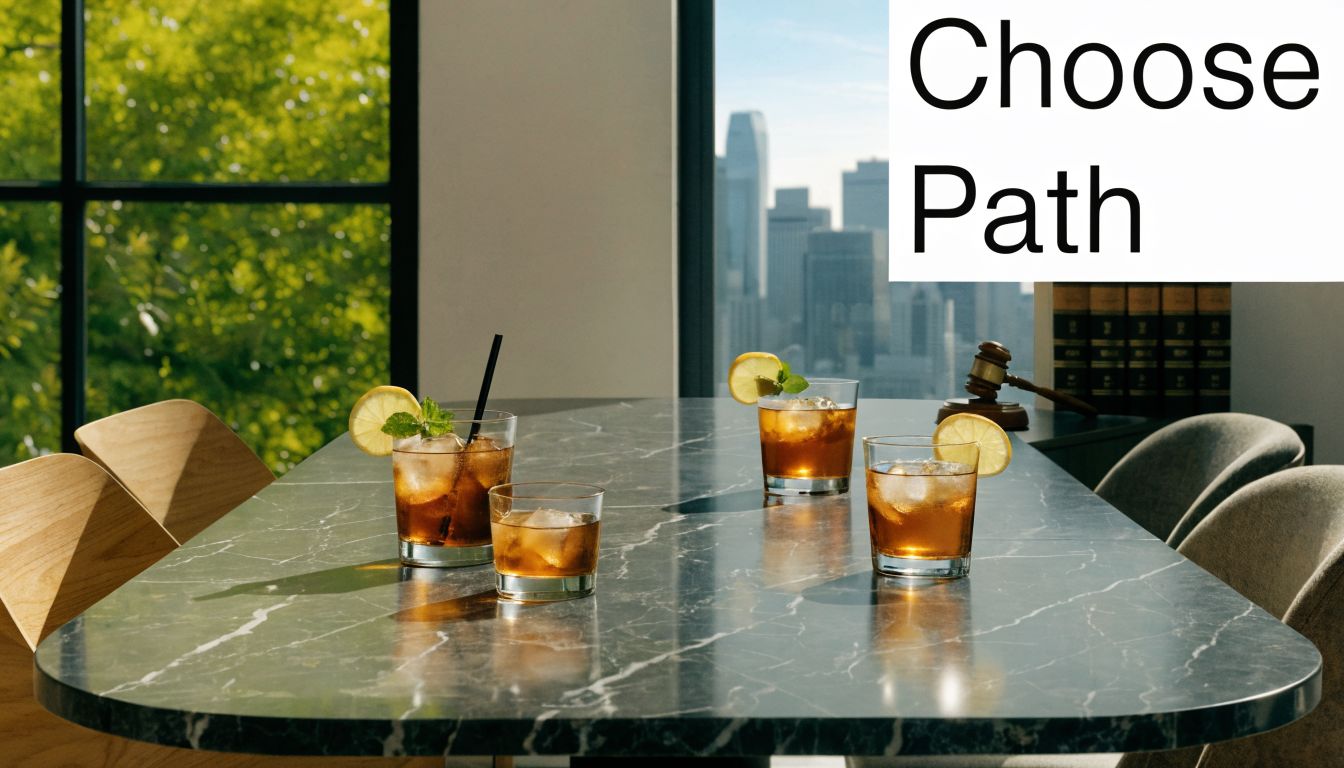 A modern boardroom table with cocktails and a wooden gavel placed near a window with city views.