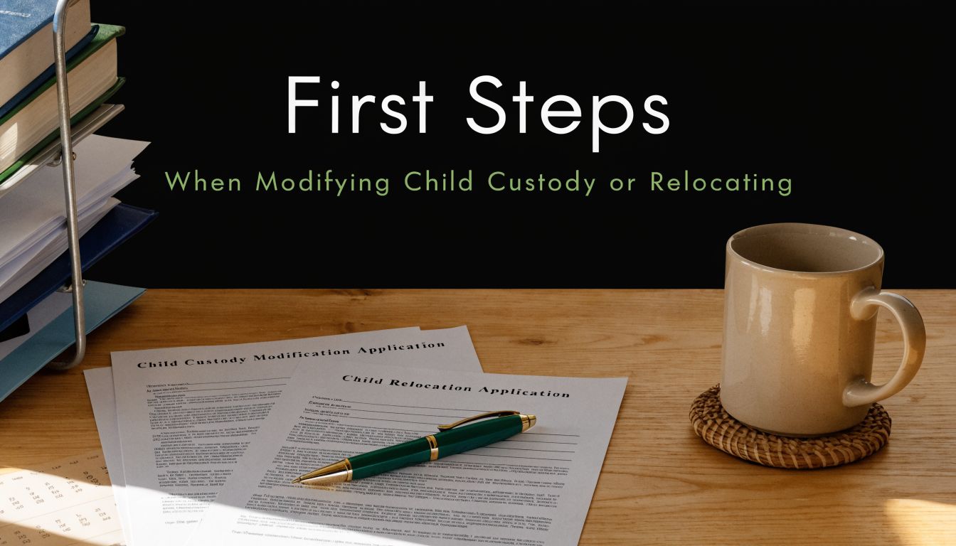 Legal documents for child custody modification and relocation application placed on a wooden desk with a pen.