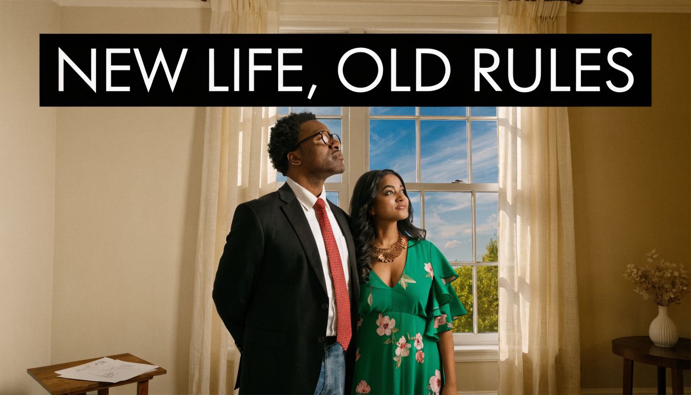 A couple looking out a window together in a bright, modern living room interior setting.