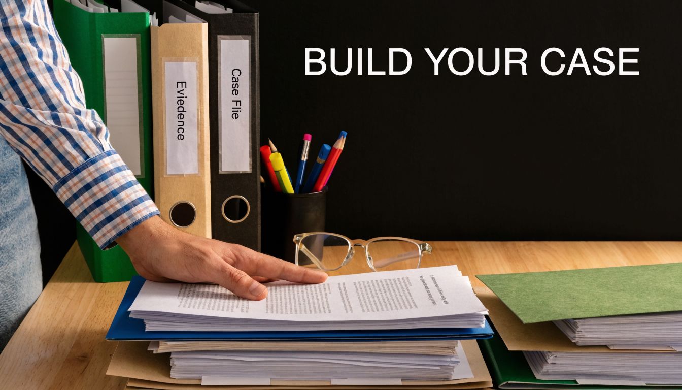 A legal professional organizing case documents and folders on a desk to build a strong legal case.
