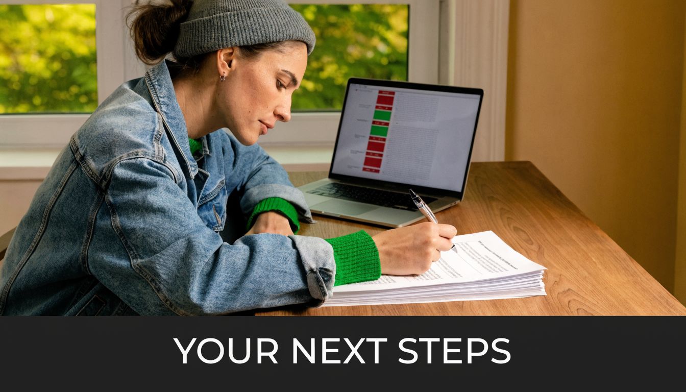A young woman wearing a beanie writes on a document while looking at a laptop computer.