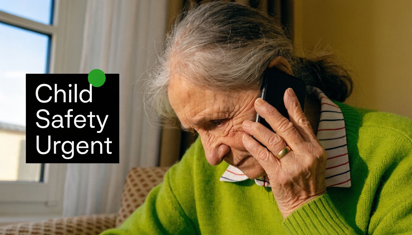 An elderly woman with gray hair appears concerned while speaking on a black smartphone indoors.