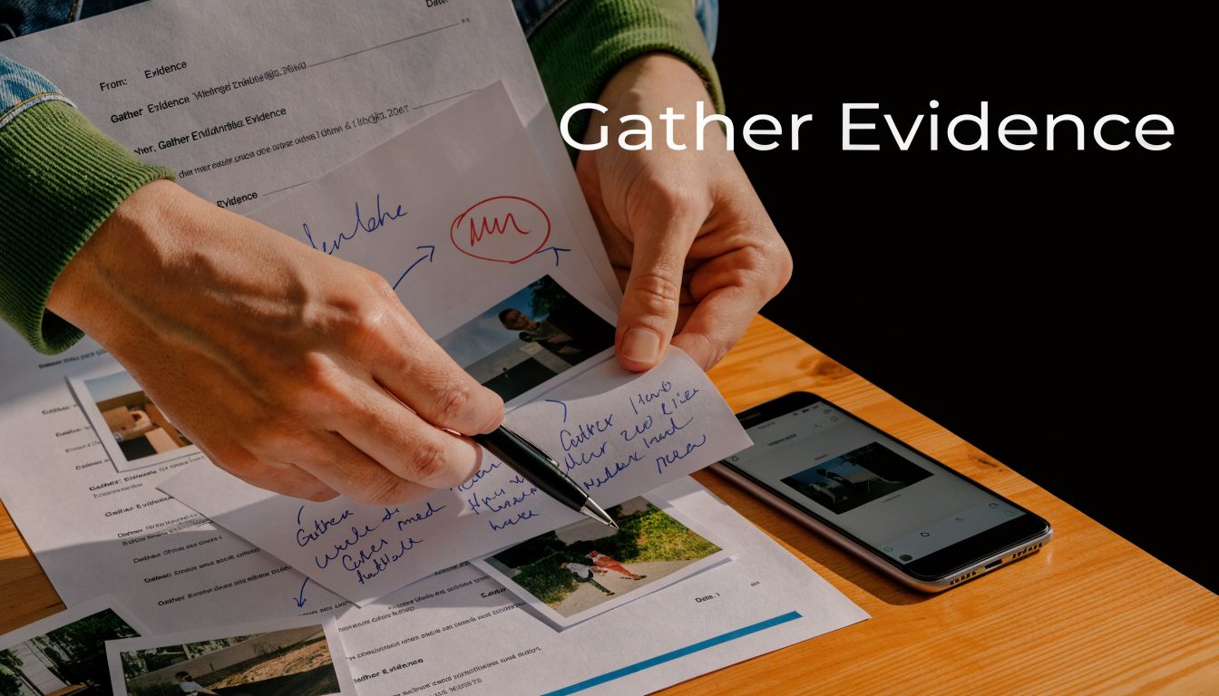 A person organizes photographic evidence and handwritten notes for an emergency ex parte custody order legal case.