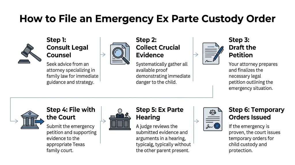 A step-by-step infographic titled How to File an Emergency Ex Parte Custody Order in Texas.