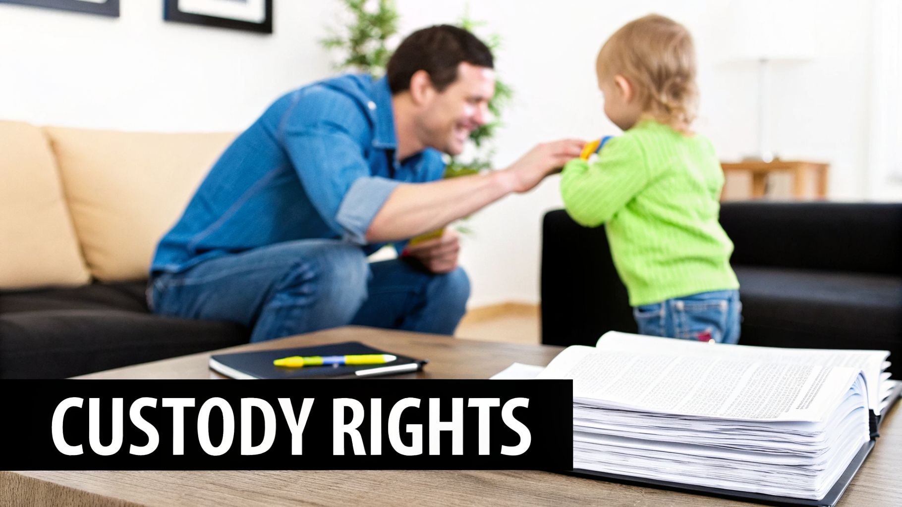 A smiling father playing with his toddler in a living room, with legal documents about custody rights on a table.